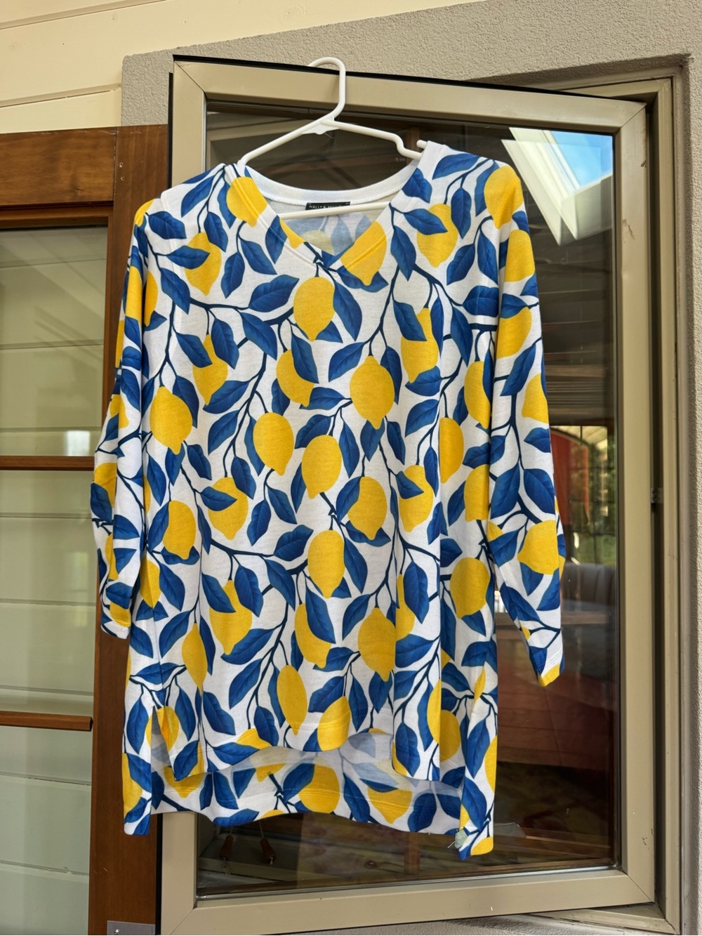 Nally & Millie Yellow Lemon & Blue Leaf V-Neck Sweater
